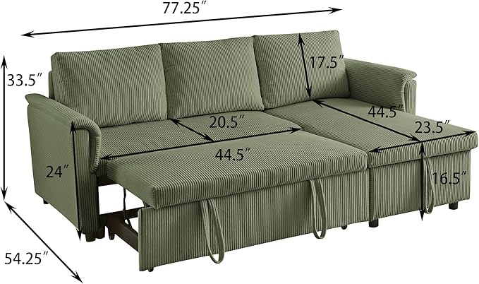 Ball & Cast Reversible Sectional Sofa Couch,L-Shape Sleeper Sofa Bed with Storage Chaise Pull Out Couch for Living Room | Hidden Storage | Pull Out Bed | Removable Backrest | Corduroy Fabric,Green