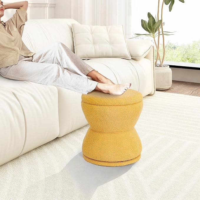 Ottoman with Storage, 360° Swivel Boucle Ottoman Vanity Stool, Upholstered Footstool with Storage Removable Lid, Modern Round Boucle Footrest Coffee Table for Living Room, Dorm, Makeup Room, Yellow