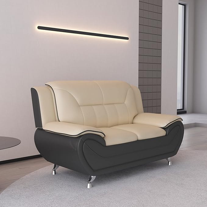 Container Furniture Direct Michael Modern Faux Leather Upholstered Stainless Steel Legs Living Room Sofa, Loveseat, Camel/Black