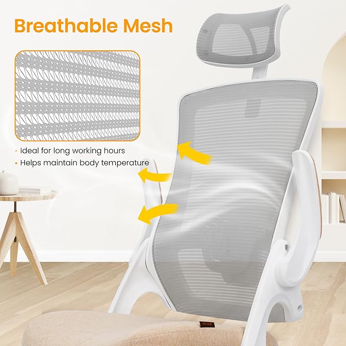 NEO CHAIR Ergonomic Office Desk Chair High Back Computer Gaming Mesh Chair with Comfy Task Adjustable Arms Lumbar Support Headrest Swivel for Home Office (Beige)