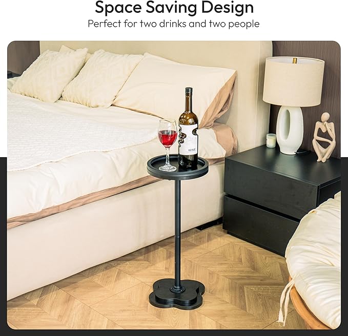 Modern Accent Pedestal Side End Table for Small Spaces – Pedestal End Table with Solid Metal Leg and Weighted Clover Base for Living Room, Sofa Couch, Bedroom and Office (Black)