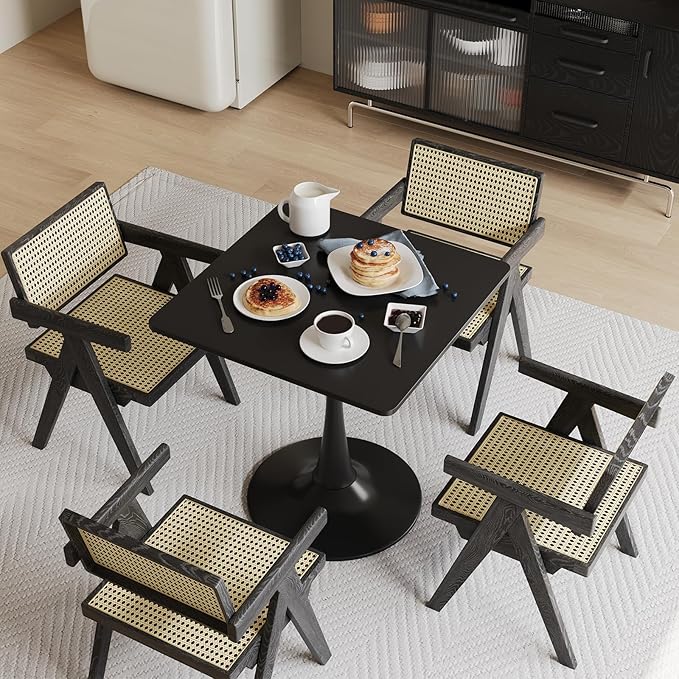 24" Black Small Dining Table for 2 or 4, Small Square Tulip Table for Kitchen, Round Corner Wood Bistro Table, Mid Century Modern Tables with Sturdy Pedestal for Living Room, Cafe, Office, Pub, Bar