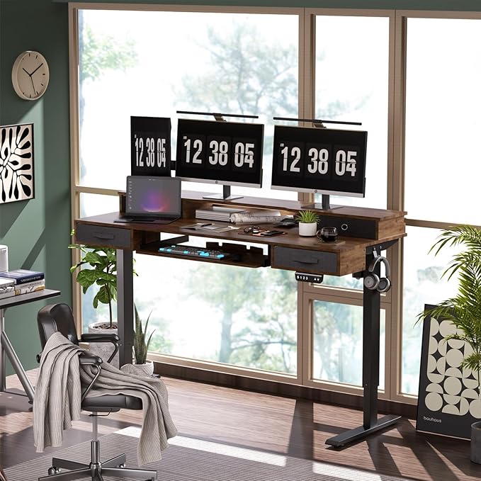 Standing Desk, 63" Adjustable Desk, Multifunctional Electric Standing Desk with 4 Drawers, Ergonomic Height Adjustable Desk with Keyboard Tray, Rustic Brown