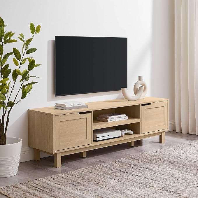 Walker Edison Tage Modern Pull-Open Door Low Stand for TVs up to 65 Inches, 58 Inch, Coastal Oak