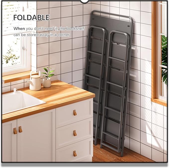 4NM No Assembly Folding Bookshelf 5 Tiers Vintage Industrial Black Book Shelf Metal Foldable Storage Bookcase and Bookshelves for Living Room,Bedroom and Kitchen - Black