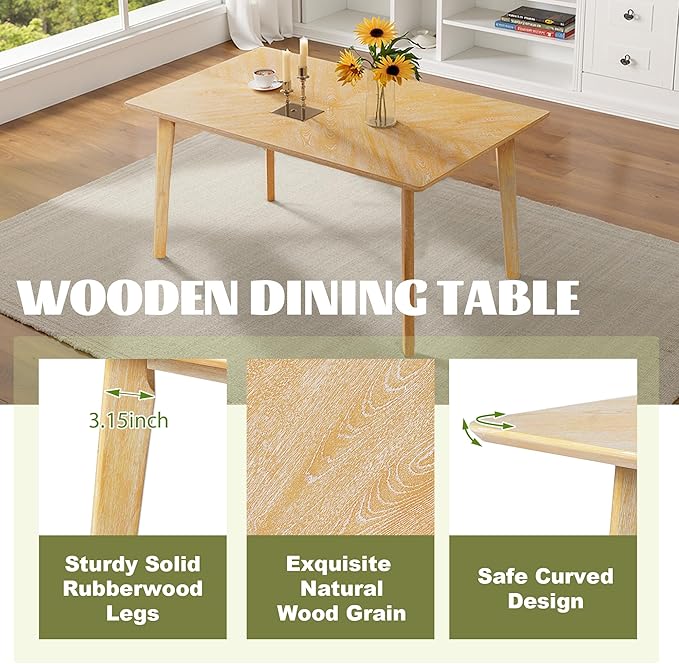 Merax 6 Piece Solid Wood Dining Table Set for 6, Rustic Farmhouse Rectangular with 4 Upholstered Wooden Chairs and 1 Bench, Kitchen Room, Natural Wood Wash