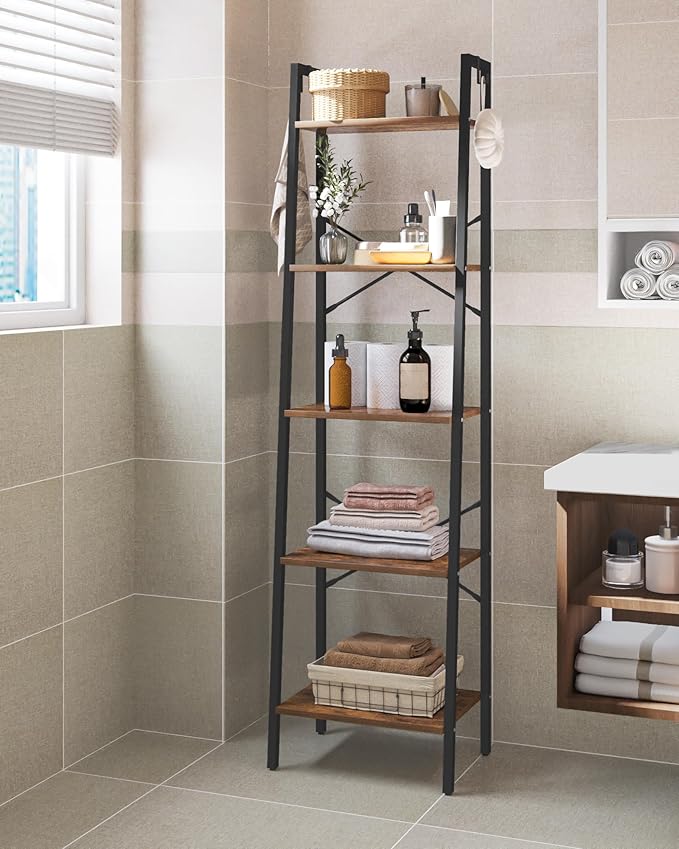 Ladder Shelf, Bookshelf Bookcase, Freestanding Corner Storage Shelve with 2 Hooks for Home Office, Living Room, Kitchen, Bedroom, Industrial, 5-Tier Rustic Brown BC19201B