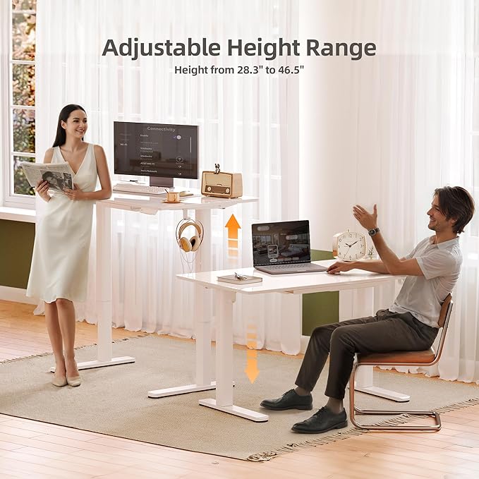 INNOVAR Glass Standing Desk with Drawers, 48×24 Inch Adjustable Stand Up Desk Quick Install Home Office Computer Desk, White