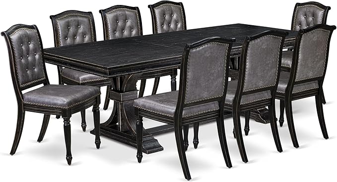 LEMA9-SBB-34, 9-pc Dining Table Set Consists of a Dining Table and 8 Dark Grey Polyester Fabric Modern Dining Chairs with Button Tufted Back, Sand Blasting Black Finish