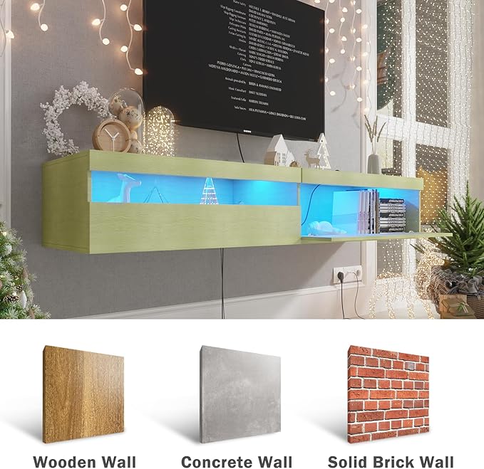 Floating TV Stand with Led Lights, 71 inch Wall Mounted TV Shelf with Power Outlet, Modern Entertainment Center Media Console with Storage Cabinet, Up to 80 Inch TVS, Green