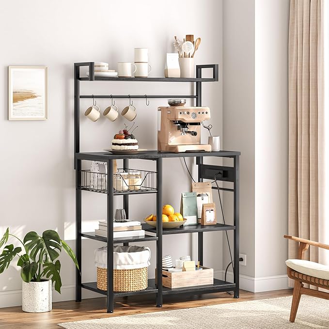 HOOBRO Kitchen Bakers Rack with Power Outlet, Coffee Bar, Microwave Oven Stand with Mesh Basket, Coffee Station with 4 S-Shaped Hook, Kitchen Shelf, for Dining Room, Living Room, Black BB05HB01