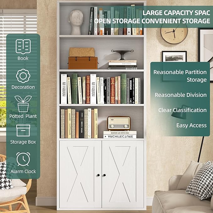 Shintenchi Bookshelf, Industrial Bookshelves and Bookcases with Doors Floor Standing 6 Shelf Display Storage Shelves 70.6 inches Tall Bookcase for Home Office, Living Room (White)