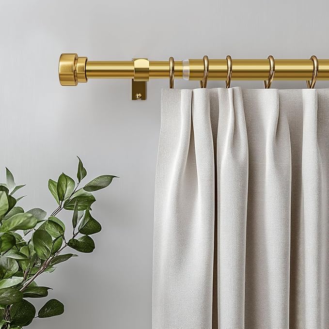 Modern Gold Curtain Rods for Windows 16 to 60 Inches Adjustable Length Heavy Duty 1" Diameter Brass Window Curtain Rod with Solid Metal Finials for Outdoor Farmhouse Bedroom Kitchen Living Room