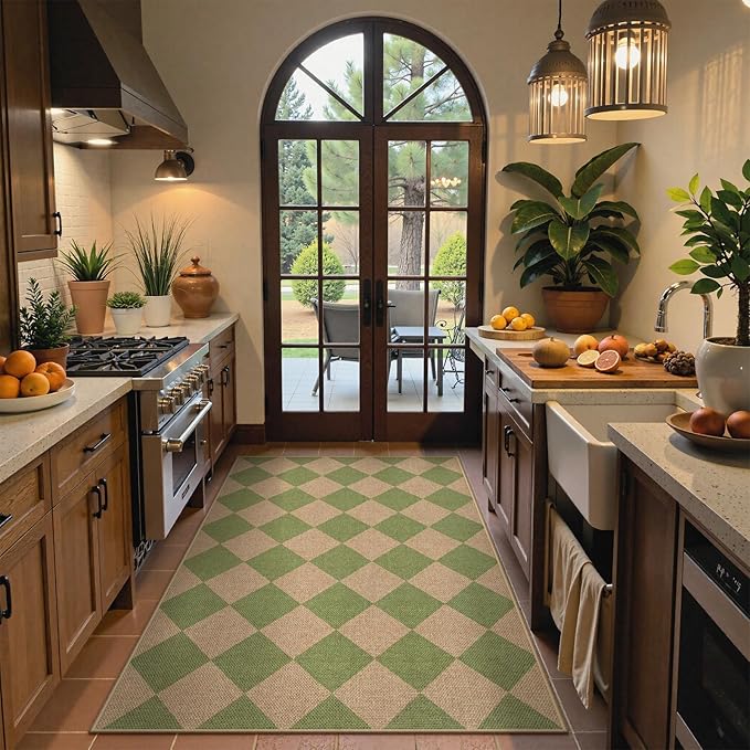 Lahome Green Checkered Easy Jute Rug, 3x5 Washable Outdoor Rug Neutral Rug for Entryway, Checkerboard Non Slip Non Shedding Floor Carpet for Living Room Front Door Porch