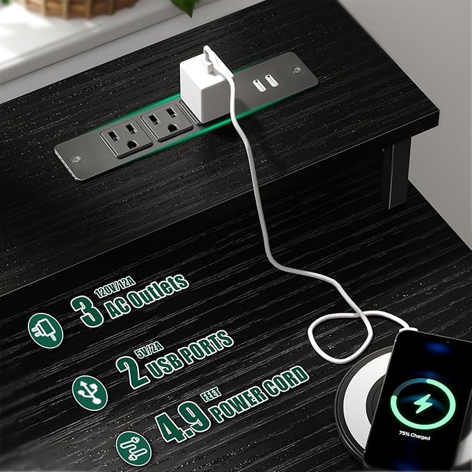 55 Inch Computer Gaming Desk with Power Outlets LED Lights, Reversible Home Office Desk with Adjustable Fabric Drawers for Working Writing Study, Black Oak