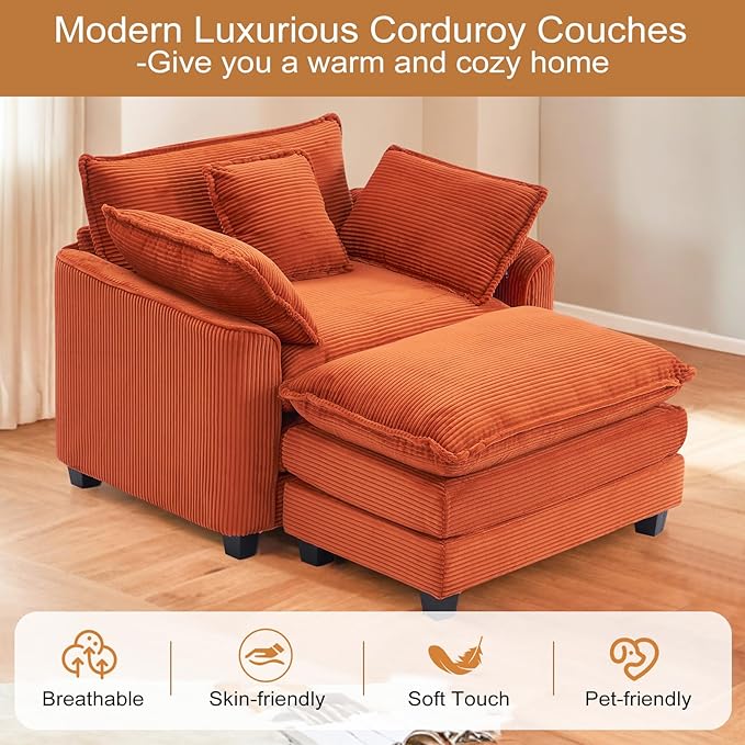 Furniliving Oversized Accent Chair with Ottoman, Luxury Corduroy Single Sofa, Upholstered Deep Seat Chaise Lounge with Pillows for Living Room, Bedroom, Apartment, Orange