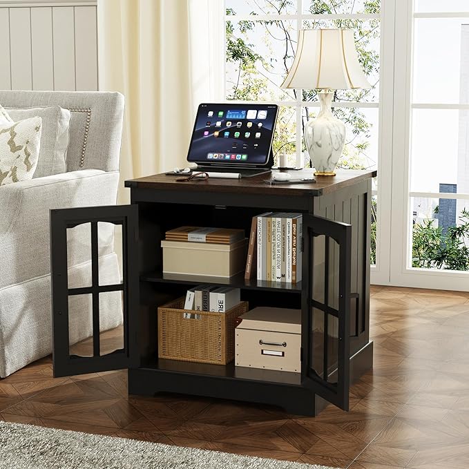 ChooChoo Farmhouse End Table Set of 2, 24" Large Sofa Side Table with Charging Station & LED Light, Black Nightstand with Adjustable Storage Shelf, Square Bedside Table for Living Room