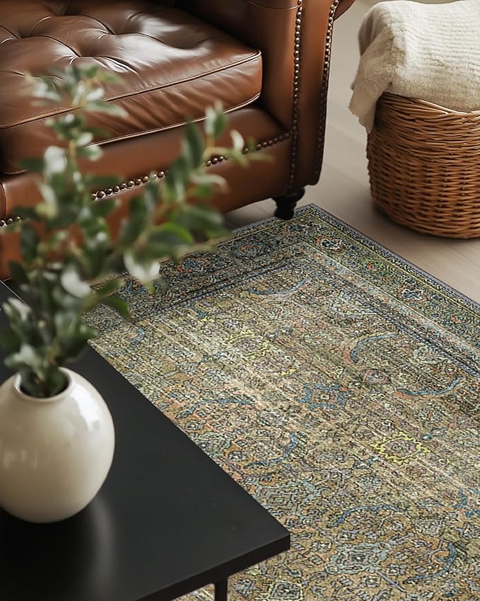 9X12 Area Rugs Machine Washable Rugs for Living Room, Vintage Boho Large Rugs for Bedroom Dining Room, Non Slip Indoor Soft Distressed Lightweight Thin Low Pile Carpet, Vintage Sunset