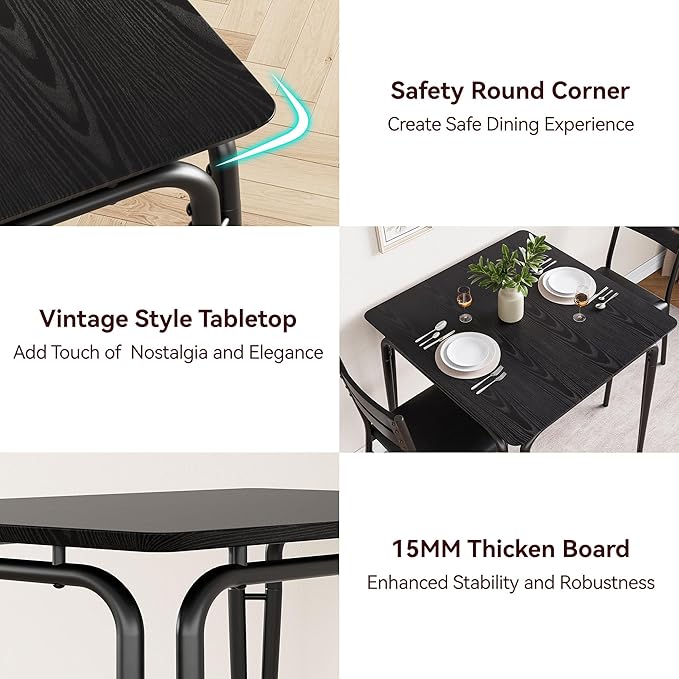 Dining Table for 2, Small Table and Chairs Set of 2, Square Dinette Set for 2, 3 Piece Kitchen & Dining Room Sets for Small Space (Black, Table with 2 Upholstered Chairs)