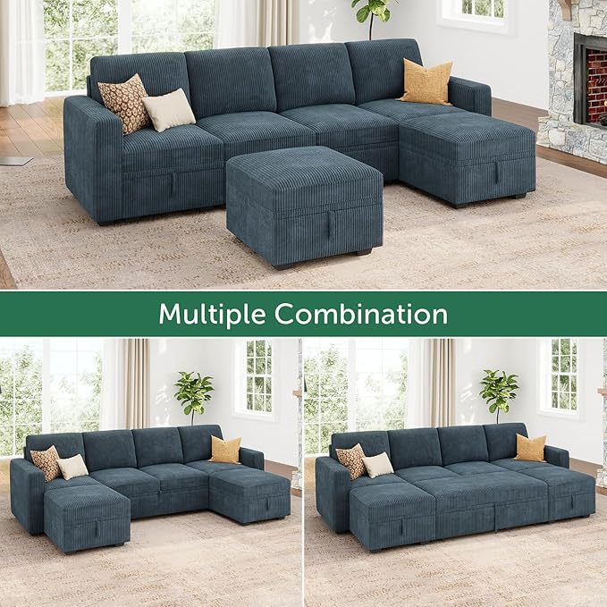 HONBAY Modular Sectional Sleeper Sofa Bed, Corduroy Pull Out Couch with Storage Ottoman, U Shaped Sectional Couches for Living Room, Blue