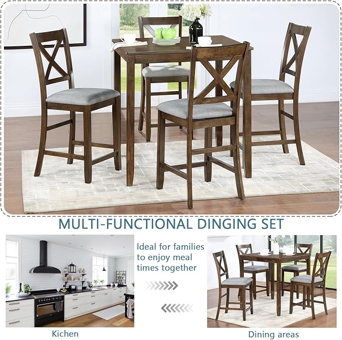 KEIKI 5-Piece Counter Height Dining Table Set with Square Table and 4 Upholstered X-Shaped Backrset Chair, for 4 Person, Modern Style Wooden Table Set, Easy Assembly, for Kitchen, Dining Room, Walnut
