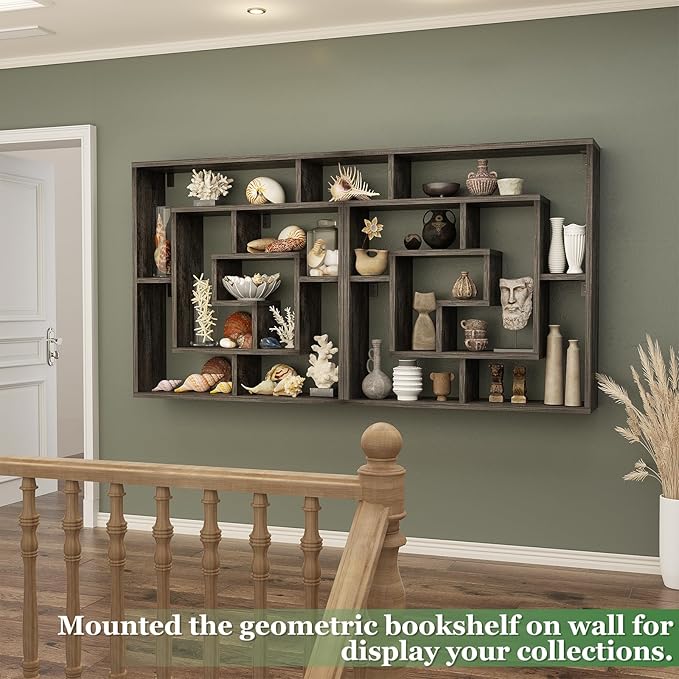 armocity 6 Tier Display Book Shelf Wall Mounted Bookshelf Freestanding Geometric Bookcase Floating Book Shelves for Wall Bedroom Living Room Home Office, 45.5"(W) * 47"(H), Grey Oak