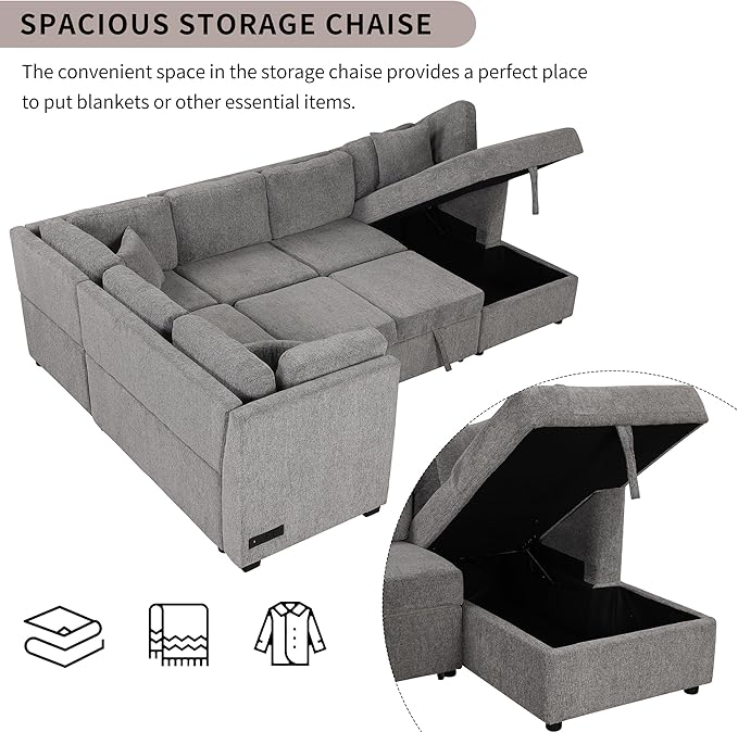 Ball & Cast 108.6" Sleeper Sectional Pull Out Sofa with 2 USB Ports,Two Power Sockets,Versatile U-Shape Couch w/ 3 Back Pillows and Storage Chaise,for Living Room,Office,Apartment,Light Gray
