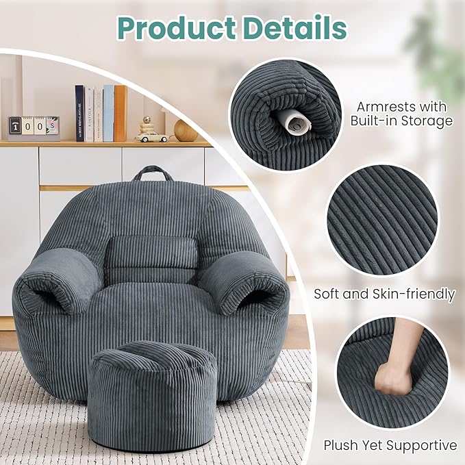 DAICO Bean Bag Chairs for Adults Beanbag Sofa with Ottoman Comfy Accent Chair with Armrests Corduroy Couch with Foam Single Lazy Sofas for Living Room Reading Bedroom Gaming Office Dark Gray