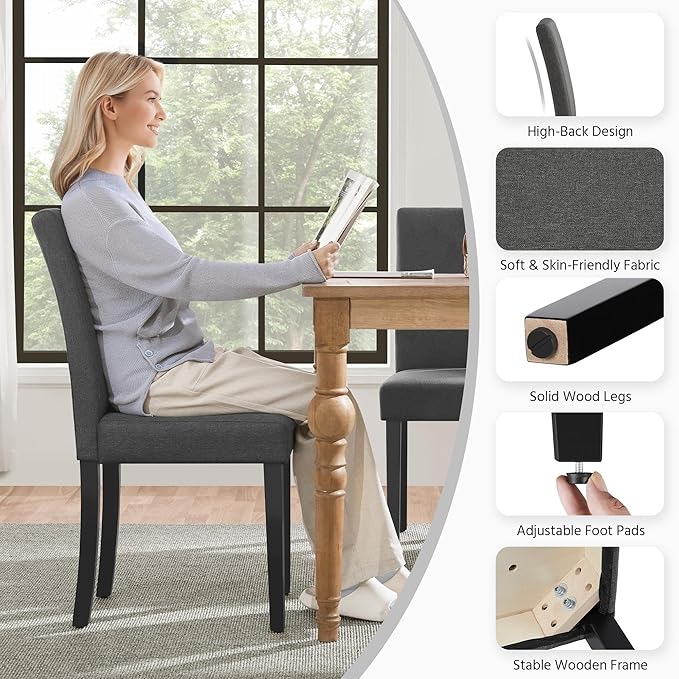 Yaheetech Dining Chairs Set of 2 Fabric Upholstered Parson Kitchen Chairs with Padded Seat and Solid Wood Legs for Dining Room/Restaurant, Dark Gray