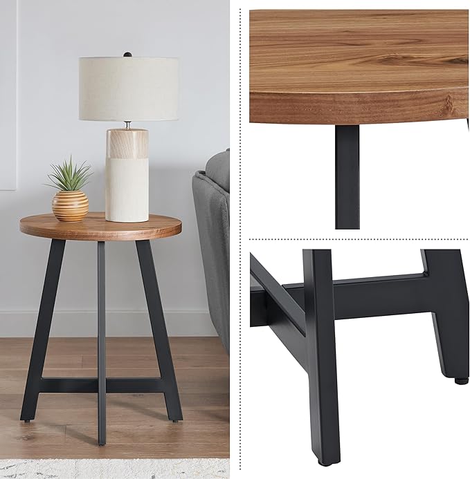 Lavish Home End Table - Industrial Side Table with MDF Top and Metal Frame - Round Table for Living Room, Bedroom, Hallway, or Dorm Room (Walnut)