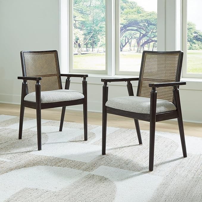 Signature Design by Ashley Galliden Rustic Solid Wood Upholstered Dining Arm Chair with Faux Cane Backrest, Set of 2, Light Brown & Black