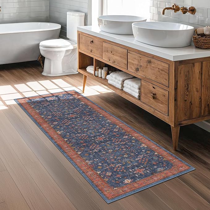 Navy Blue Runner Rug 2x5 for Kitchen, Hallway, Mudroom, Laundry Room, Bathroom, Washable Non Slip Non Skid Rubber Backing Low Pile Stain Resistance