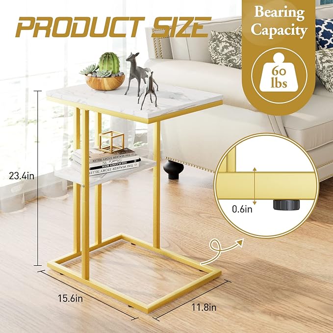 Easy Paws C Shaped End Table,Small Side Table for Couch and Bed, Gold Snack Couch Table for Small Spaces, Living Room, Bedroom,Bedside(Gold)