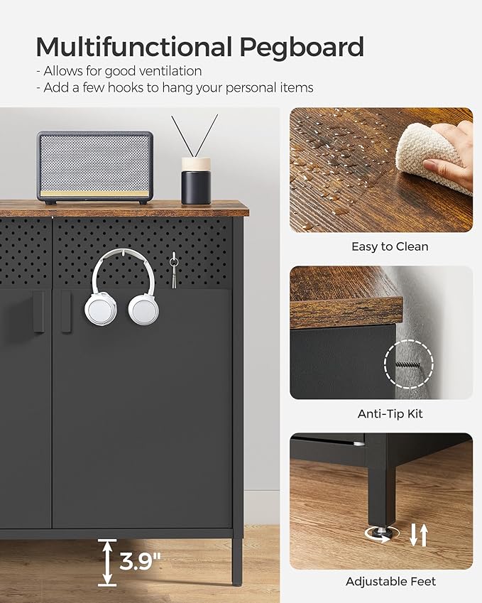 SONGMICS Set of 2 Storage Cabinets, Metal Cabinet, Sideboard with 2 Doors, 15.7 x 31.5 x 29.9 Inches, Magnetic Closure, Adjustable Shelf, Steel Frame, Rustic Brown and Black ULSC791B01