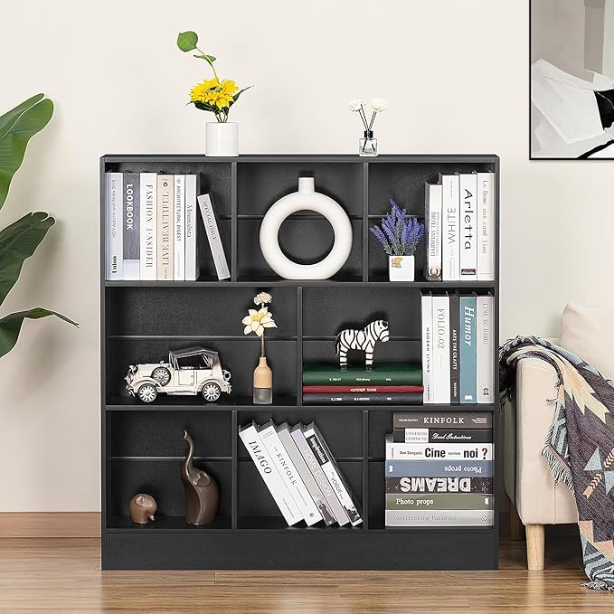 YAHARBO Black Wide Bookshelf,3 Tier Modern Horizontal Bookcase,Wood Low Bookshelves Display Storage Cabinet with Base,Floor Standing 8 Cube Large Bookcases Organizer for Bedroom,Living Room,Office
