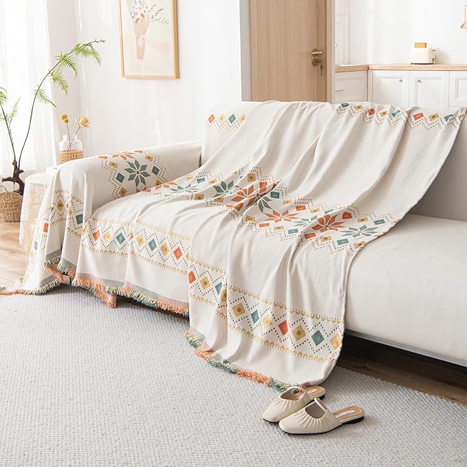 STACYPIK Modern Beige Couch Cover, Boho Jacquard Furniture Protector for 3 Cushion Couch, Reversible Decorative Soft Chenille for Sectional, L Shaped Couch Cover Washable Sofa Throw Cover-71X150IN