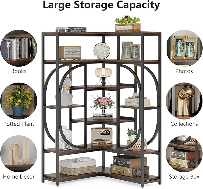 LITTLE TREE Large Corner Bookshelf Industrial Bookcase for Living Room Home Office,Brown