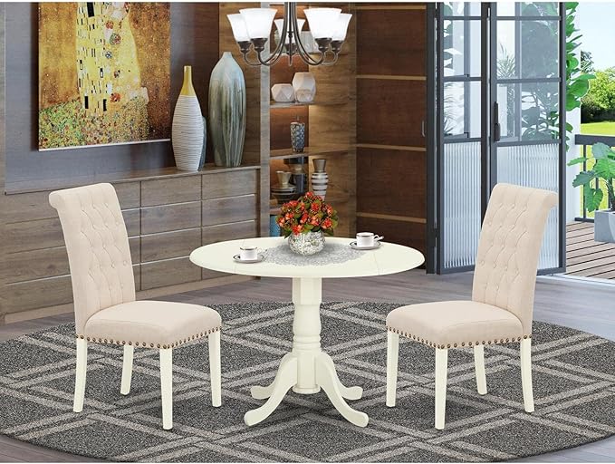 East West Furniture DLBR3-WHI-02 3 Piece Modern Dining Table Set Contains a Round Wooden Table with Dropleaf and 2 Light Beige Linen Fabric Parson Dining Chairs, 42x42 Inch, Linen White