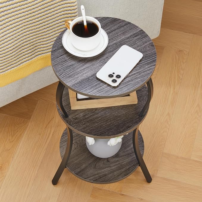Vintage Small Round Side Table, 3-Tier Slim Waist Circular End Table with Storage Shelf, Compact Tea Sofa Side Table, Round Corner Coffee Table Nightstand for Living Room Bedroom Small Spaces,Grey
