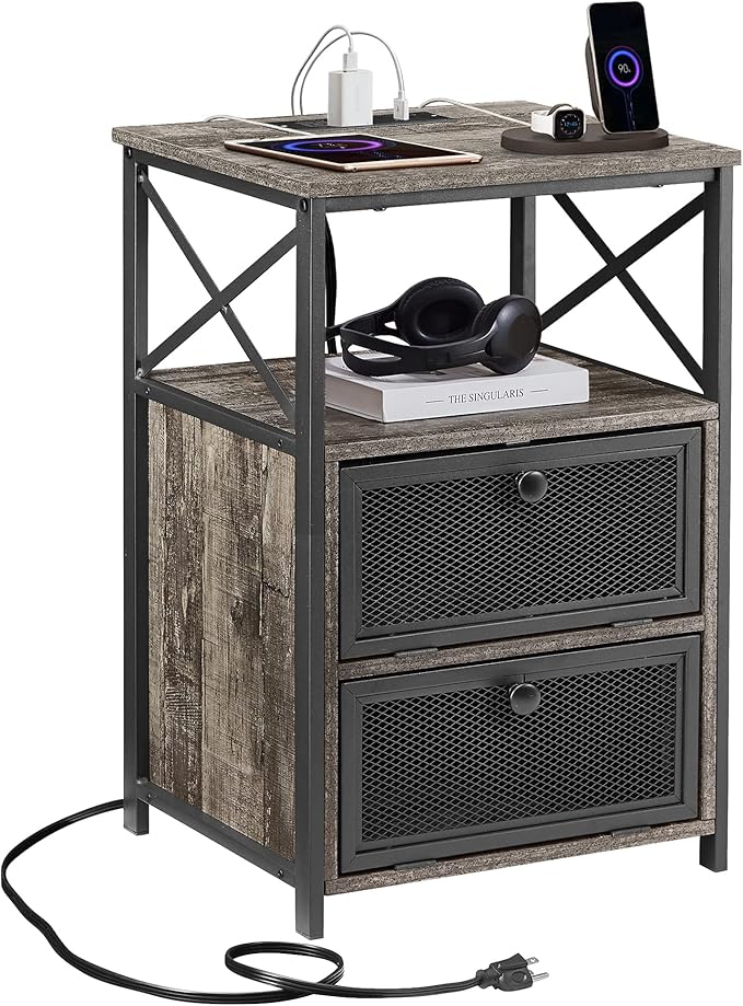 VECELO Oak Gray End Table with USB Ports and Outlets,24 Inch Nightstands with Charging Station and Storage Shelf for Bedroom,Living Room, 1 Set