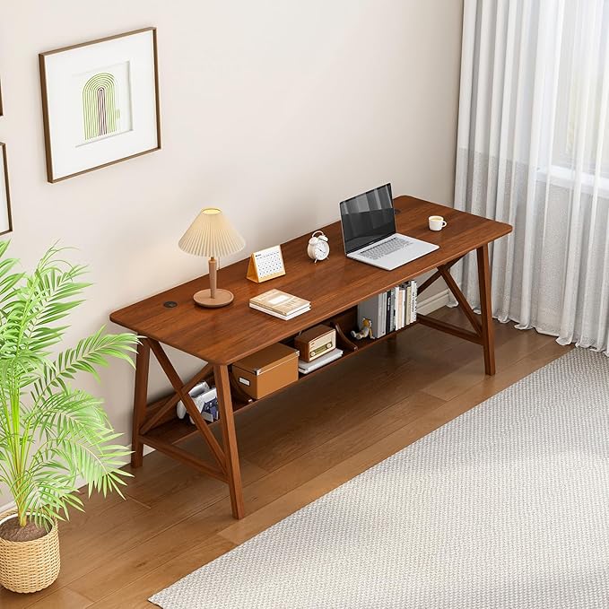 Extra Long Desk with Bookshelf - Wooden Home Office Work Study Table, Writing Computer Workstation with Storage Shelf in Wanut, 47" Wx16 Dx30 H