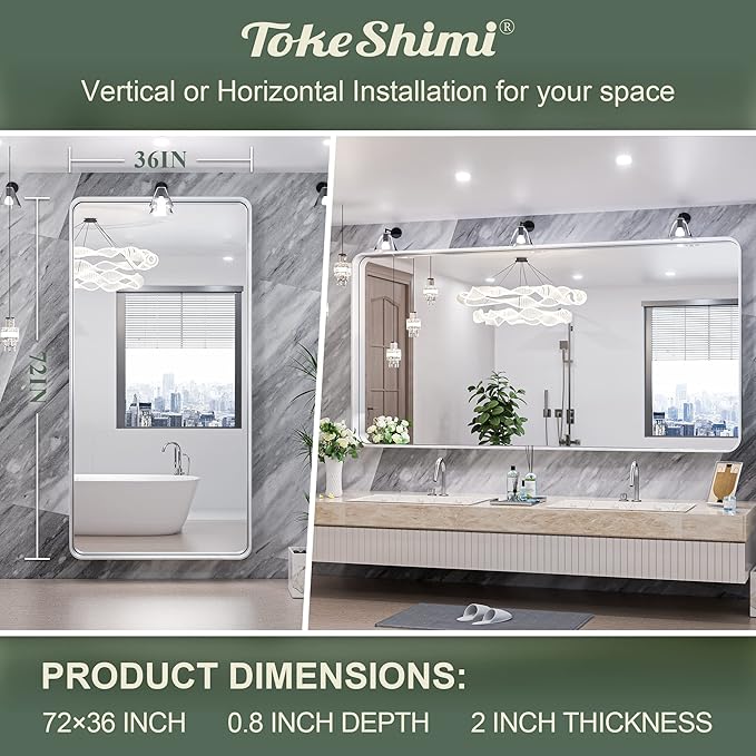 TokeShimi 72 x 36 Inch Brushed Silver Mirror Wall Mirror for Bathroom Black Metal Frame Decorative Rectangular Wall Mounted Home Decor Corner Hangs (Horizontal/Vertical)