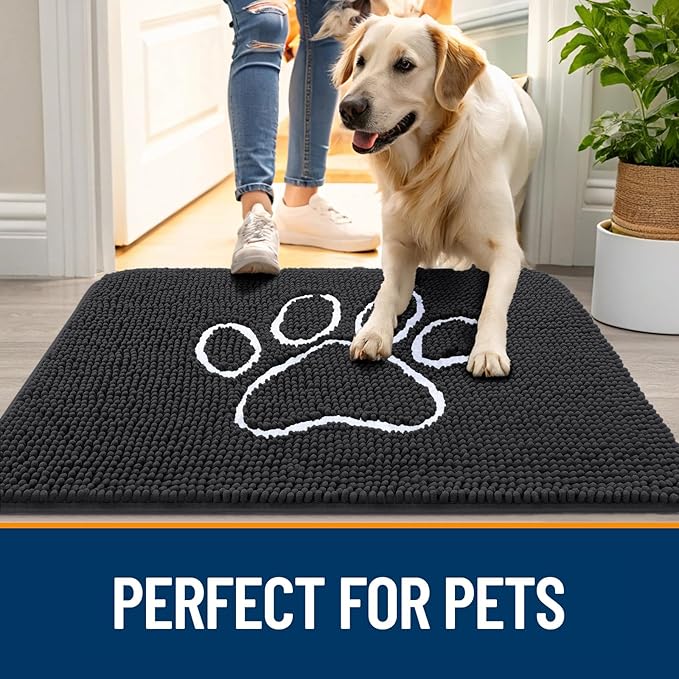 OLANLY Door Mat for Muddy Dog Paws 24x16, Ultra Absorbent Chenille Mud Doormat with Paw Print Design, Non-Slip Washable Doormat for Indoor Entryway, Quick-Dry Pet Bed Mats for Dirty Dogs, Dark Grey