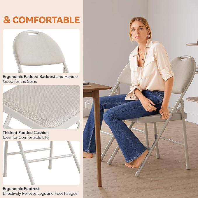 GarveeHome 4 Pack Folding Chairs with Fabric Padded, Metal Foldable Chair Linen Cushion and Back for Indoor Outdoor, Commercial Stackable Guest Chairs for Camping, Dining Room, Office, Wedding, Beige