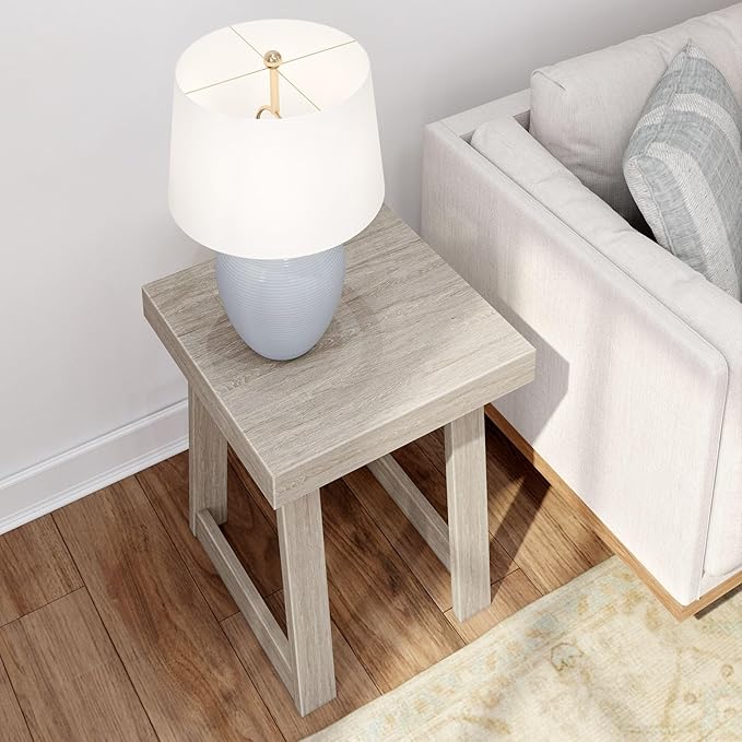 Plank+Beam Classic Square Side Table, Slim Side Table for Living Room, Narrow Nightstand for Small Spaces, Wood End Table for Bedroom, Seashell Wirebrush