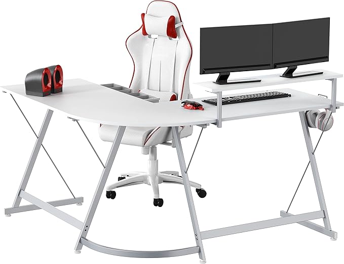 SHW 51 x 51 Inches Vista L-Shaped Desk with Monitor Stand and Drawer, White