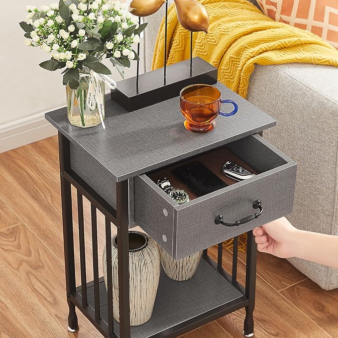 VECELO Nightstands, Industrial Side Table/End Tables with Drawer and Storage Shelf, Night Stands for Bedroom, Living Room, Wood Metal Furniture, Easy Assembly
