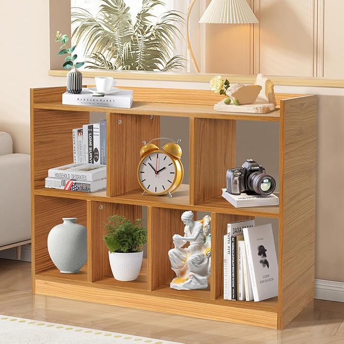 DOUSY- 7 Cube Bookshelf, Open Wooden Bookcase with Base, 2 Tier Cube Shelf Storage Organizer Shelf Display Rack Freestanding Horizontal Bookshelves for Bedroom, Living Room, Home Office