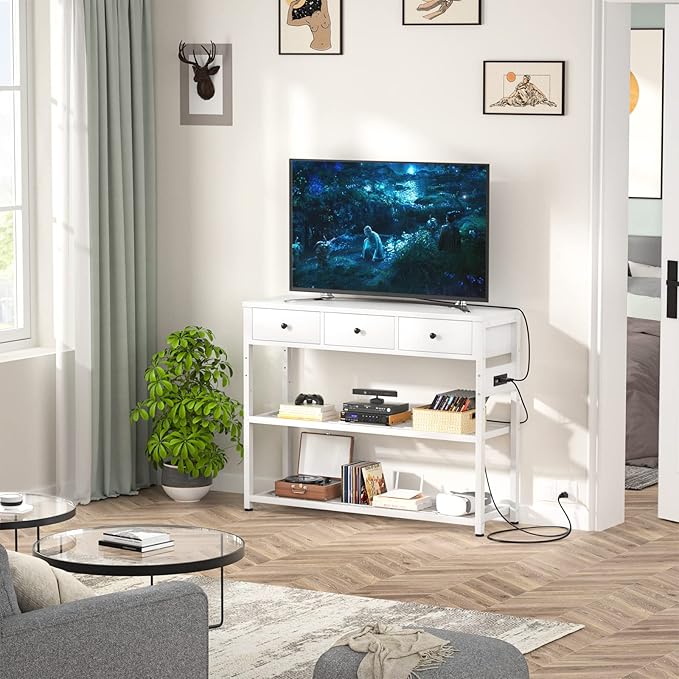 Ecoprsio 47'' Entryway Table with Outlets and USB Ports, Console Table with 3 Drawers, Sofa Table Narrow Long with Storage Shelves for Living Room, Couch, Hallway, Foyer, Kitchen Counter, White