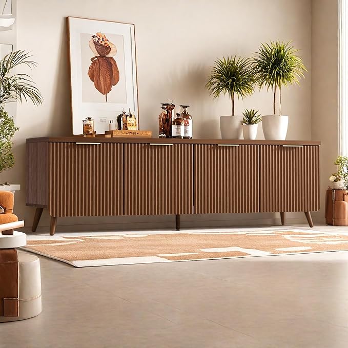 TV Stand for Up to 60" TVs, Modern Entertainment Center with 4 Cylindrical Stripe Doors, Media Console Table with Solid Wooden Legs, Modern TV Stand for Living Room, Bedroom, Walnut